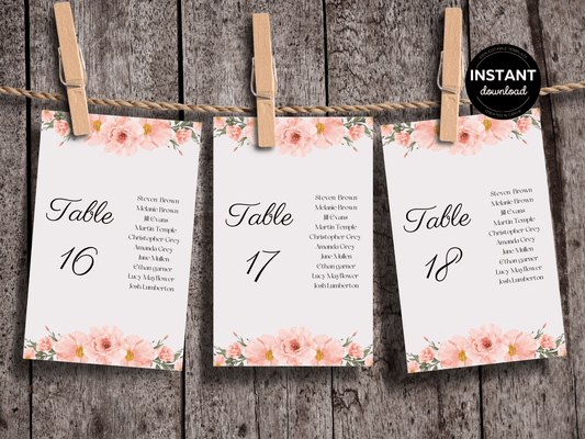 Soft Pink Floral Wedding Seating Chart Card Templates, Printable Templates