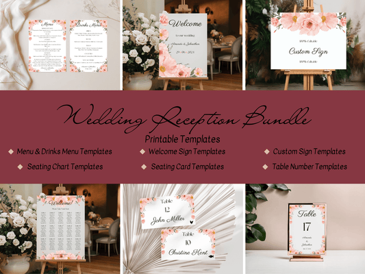 Soft Pink Floral 7Pc Wedding Reception Bundle with Seating Chart, Printable Templates