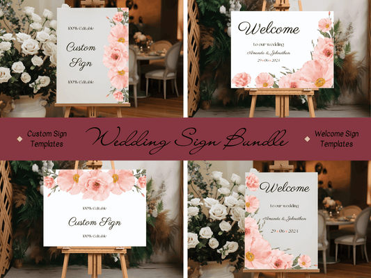 Soft Pink Floral Wedding Sign Template Bundle, Printable Templates