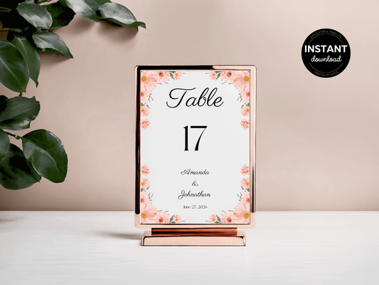 Soft Pink Floral Wedding Table Number Templates, Printable Templates