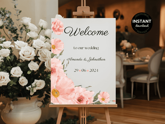 Soft Pink Floral Wedding Welcome Sign Templates, Printable Templates