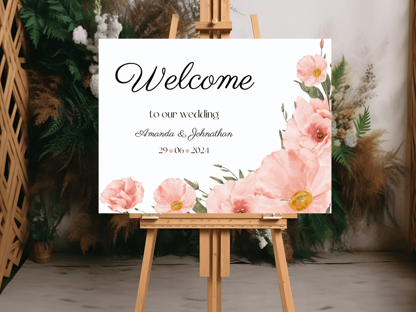 Soft Pink Floral Wedding Welcome Sign Templates, Printable Templates