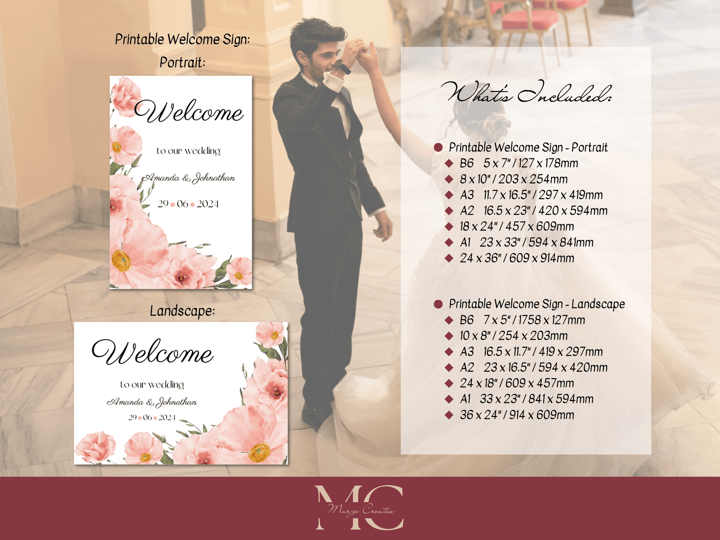 Soft Pink Floral Wedding Welcome Sign Templates, Printable Templates