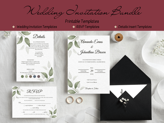 Watercolor Greenery Leaves Wedding Invitation & Insert Card Templates Bundle, Printable Templates