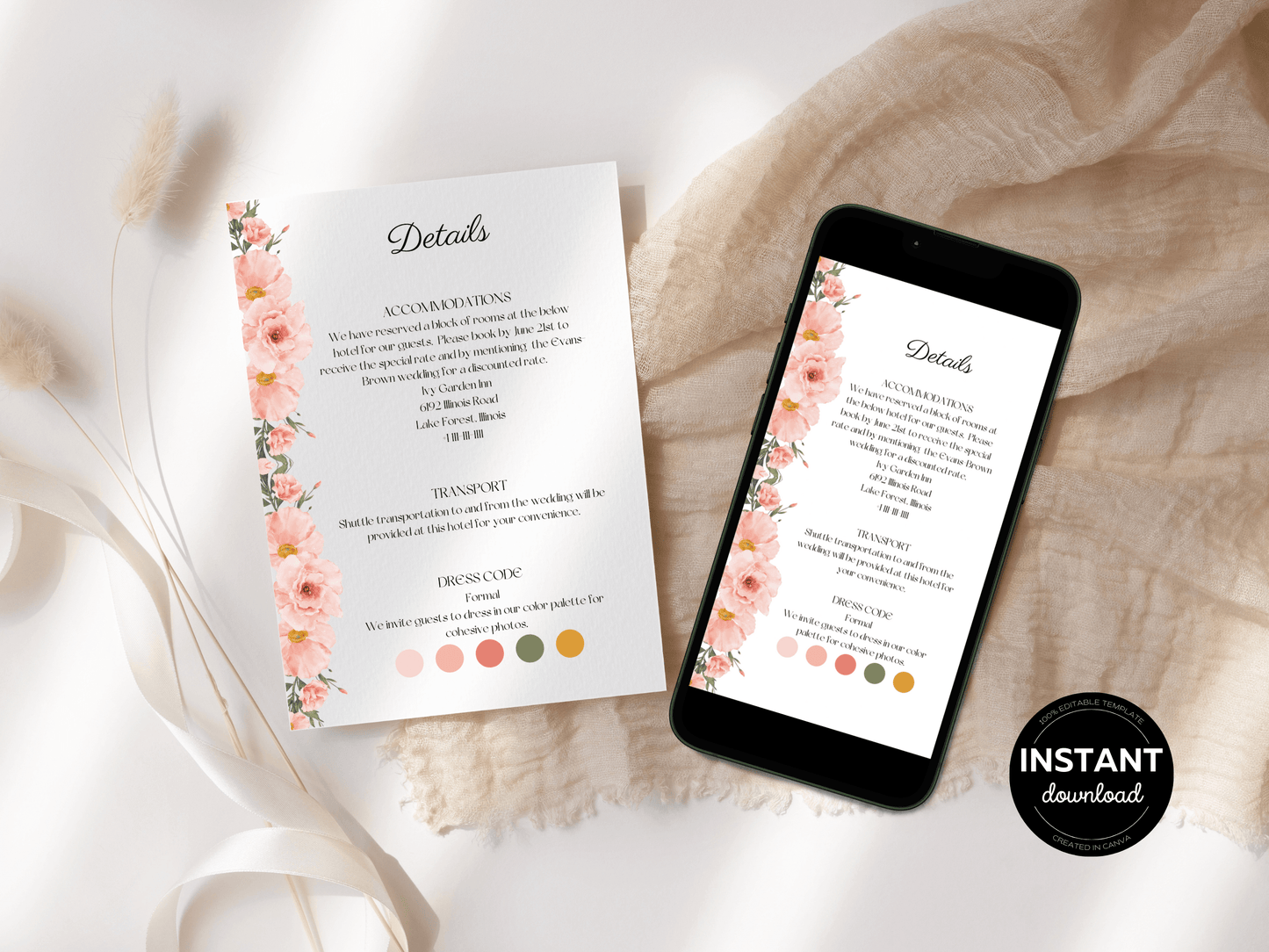 Soft Pink Floral Wedding Details Insert Templates, Printable & Digital Templates