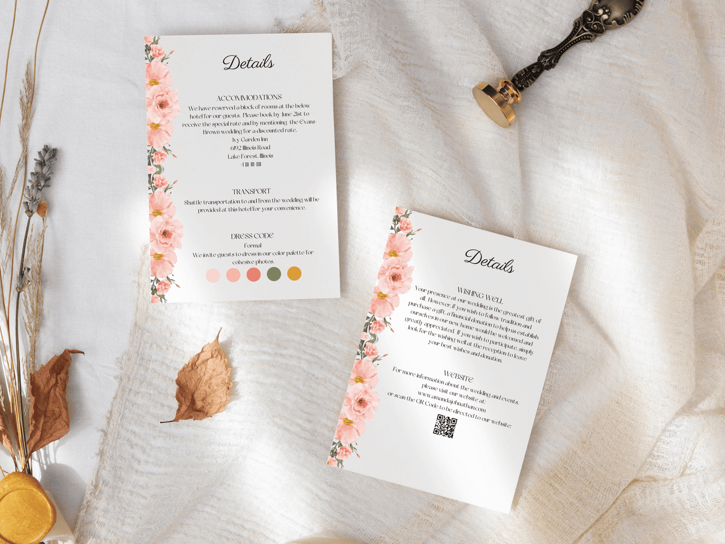 Soft Pink Floral Wedding Details Insert Templates, Printable & Digital Templates