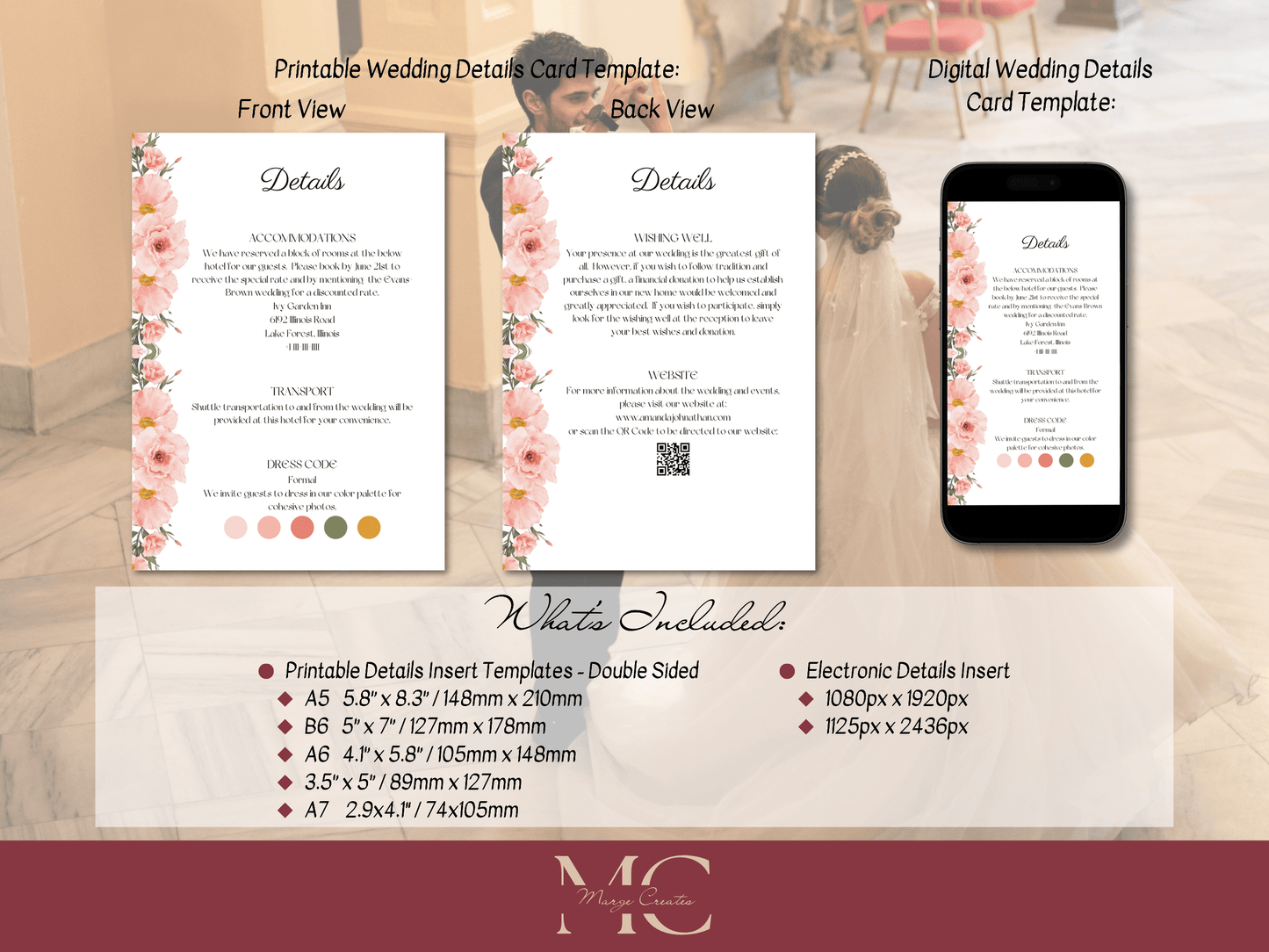 Soft Pink Floral Wedding Details Insert Templates, Printable & Digital Templates