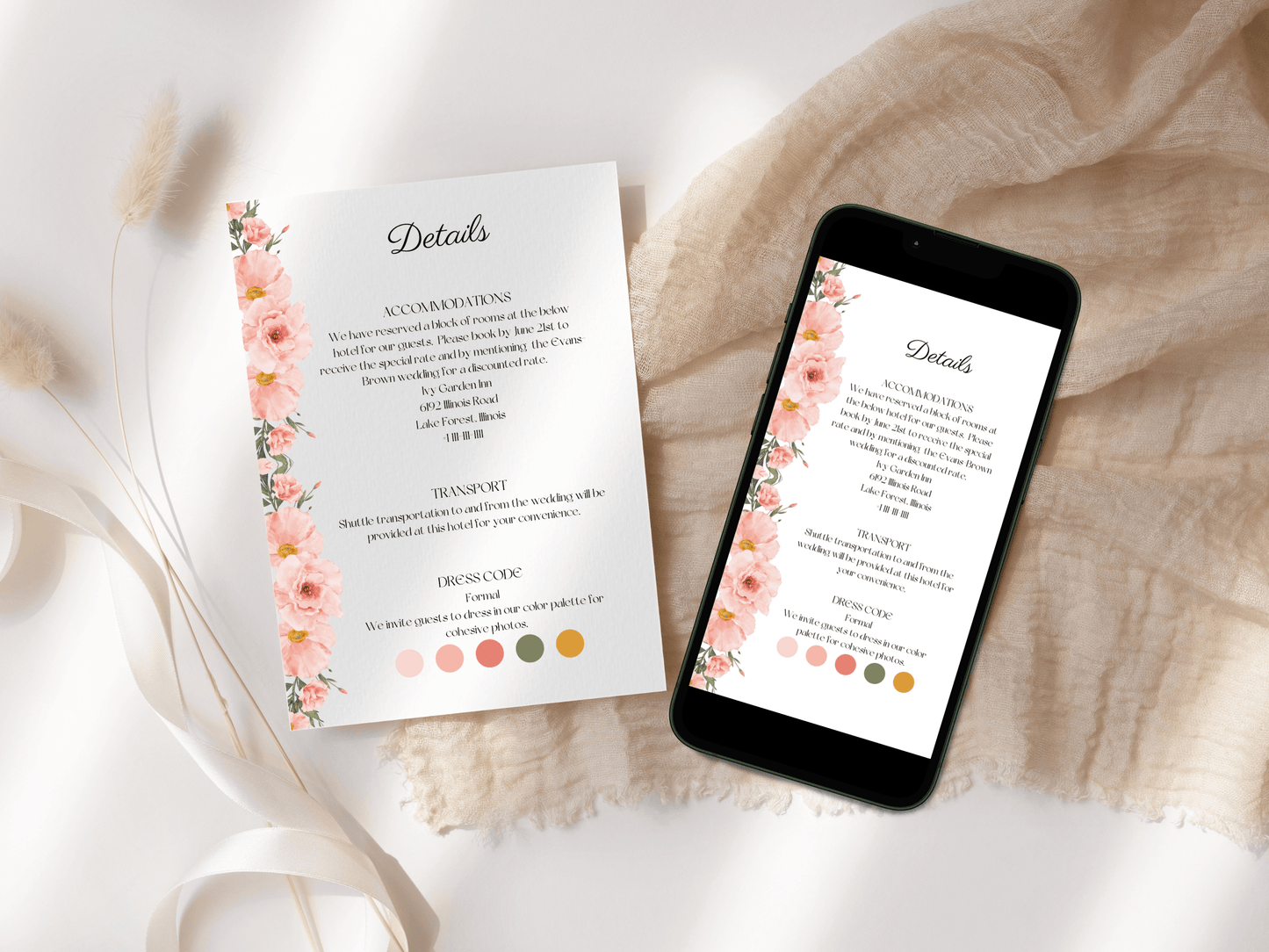 Soft Pink Floral Wedding Invitation & Insert Card Template Bundle, Printable & Electronic Templates