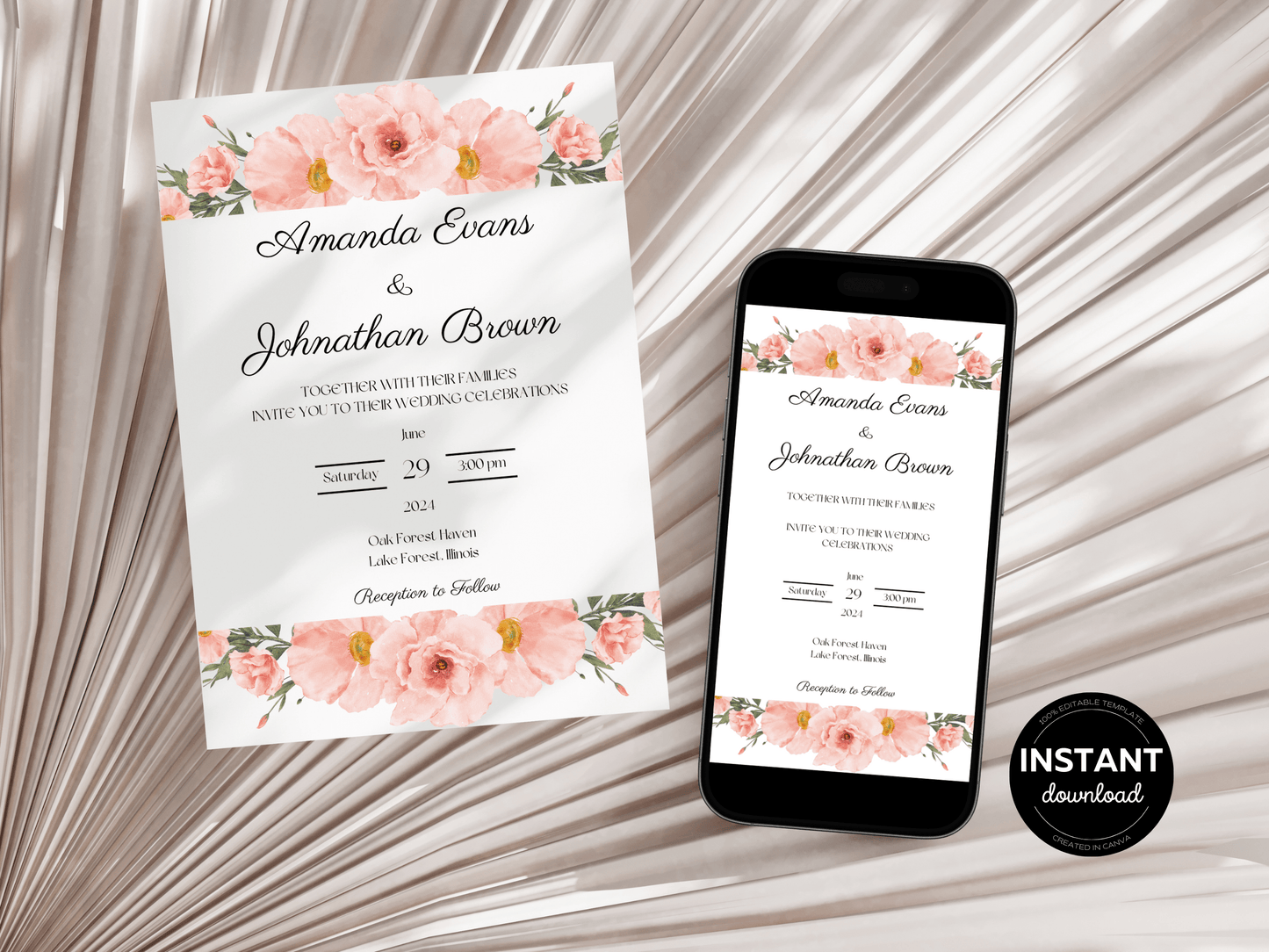 Soft Pink Floral Wedding Invitation & Insert Card Template Bundle, Printable & Electronic Templates