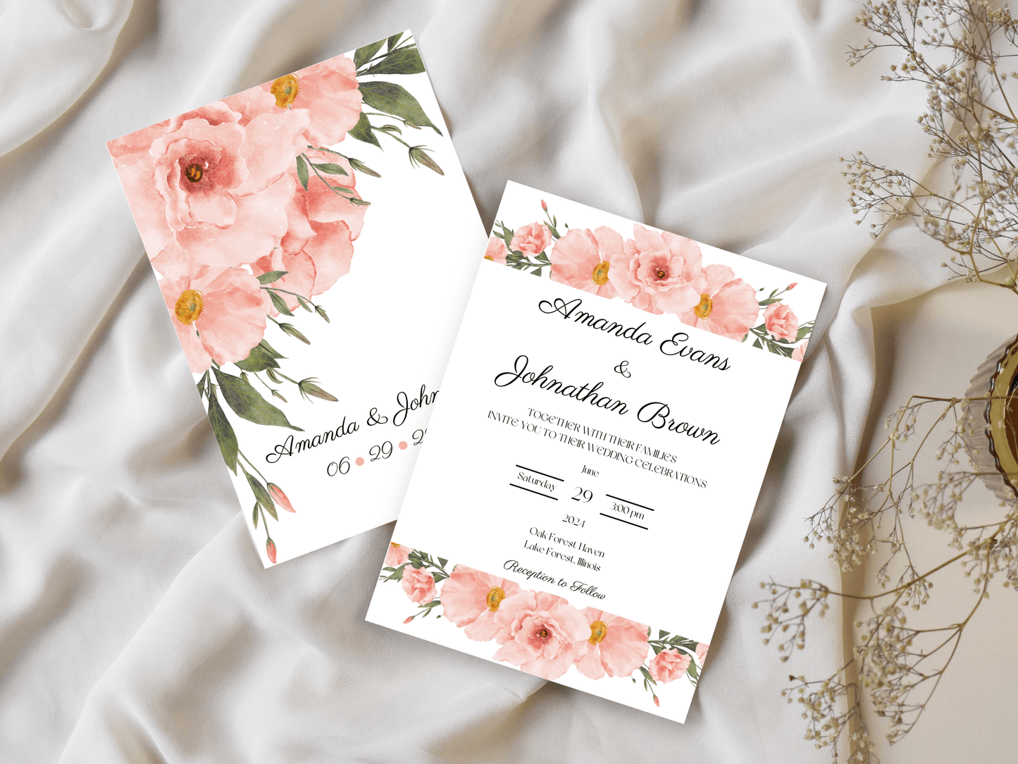 Soft Pink Floral Wedding Invitation Templates, Printable & Digital Templates