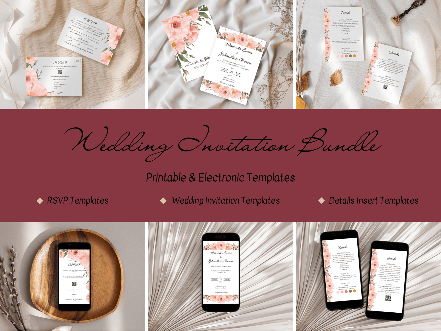 Soft Pink Floral Wedding Invitation & Insert Card Template Bundle, Printable & Electronic Templates