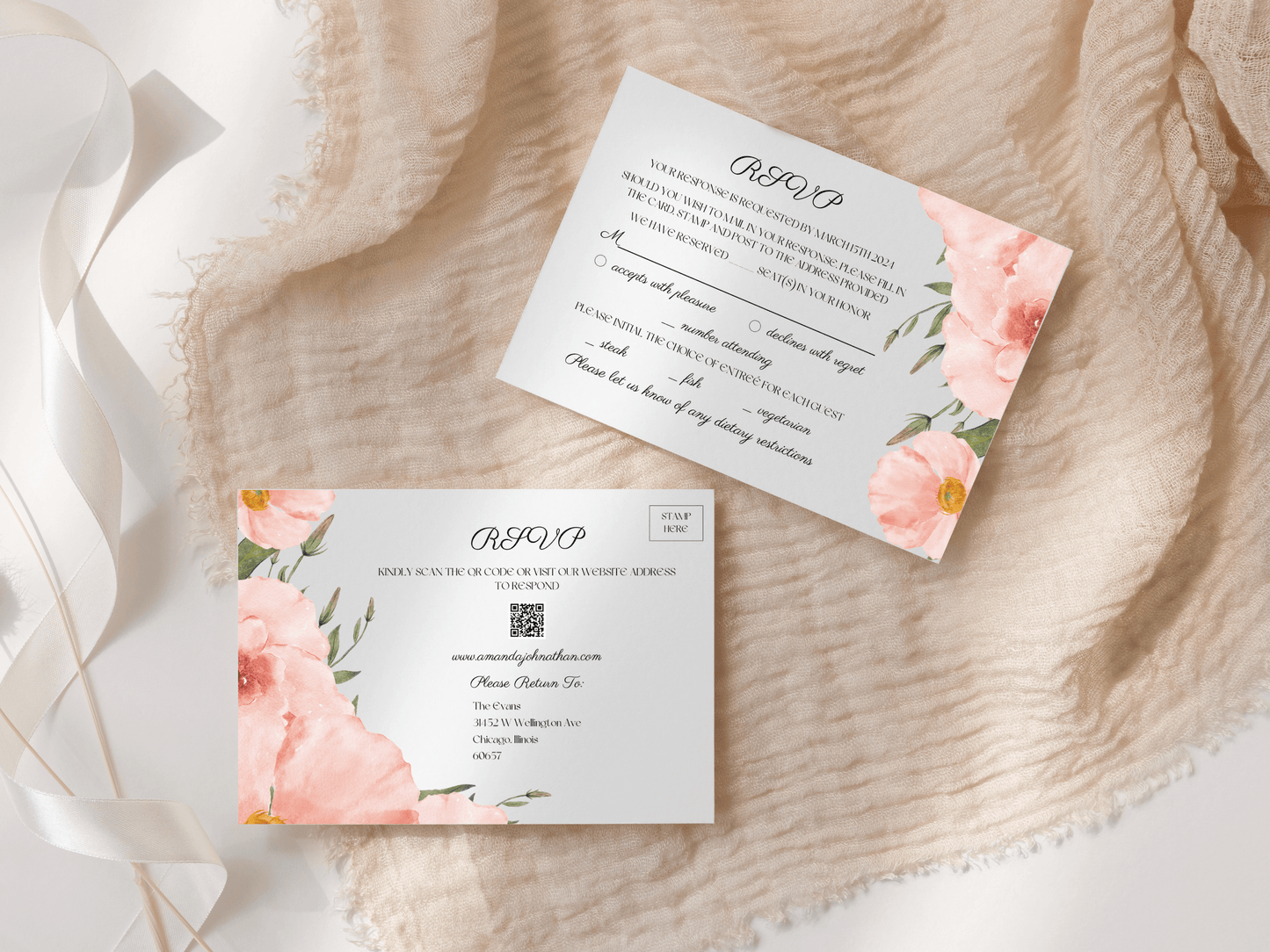 Soft Pink Floral Wedding Invitation & Insert Card Templates Bundle, Printable Templates