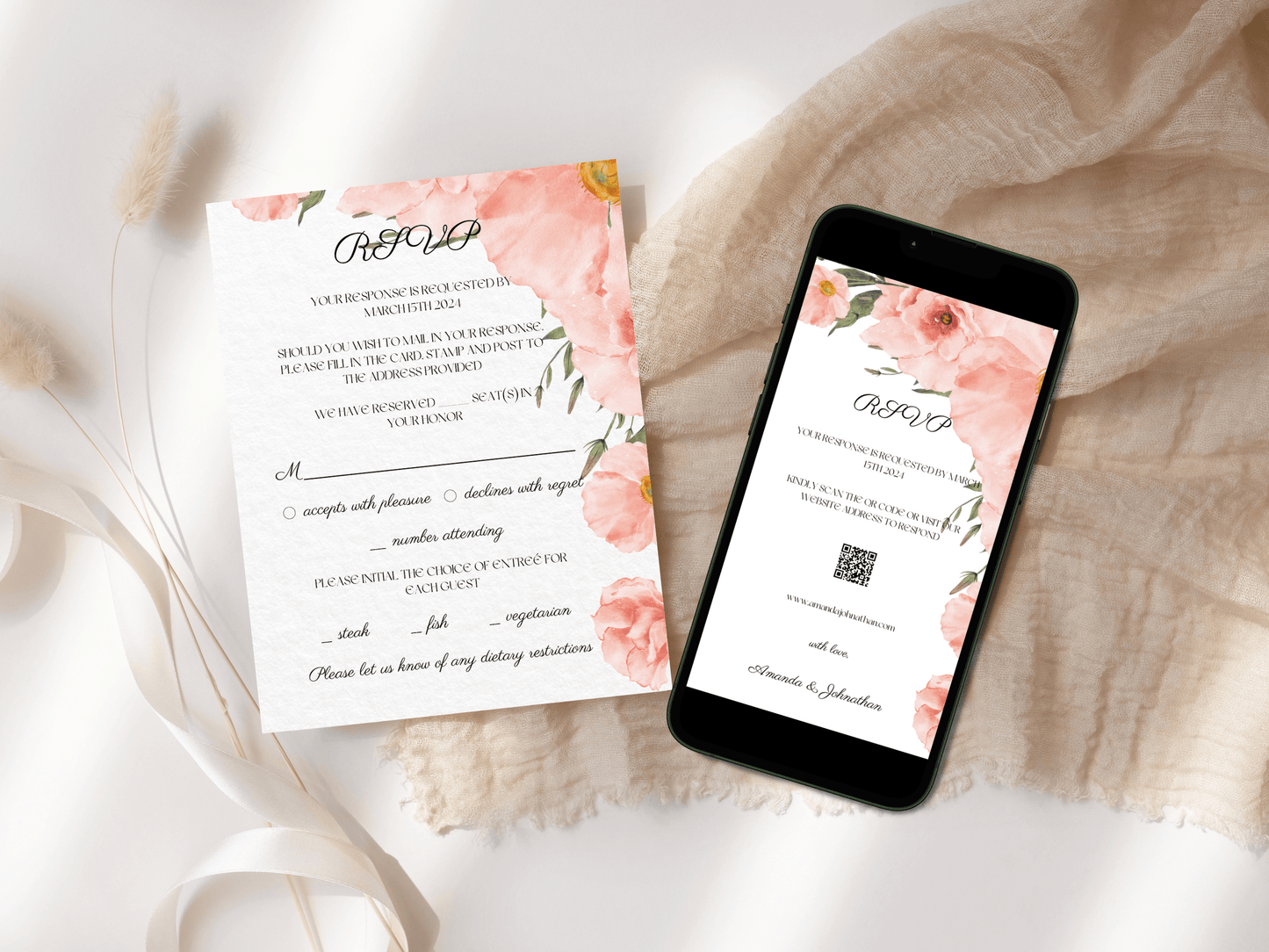 Soft Pink Floral Wedding Invitation & Insert Card Template Bundle, Printable & Electronic Templates