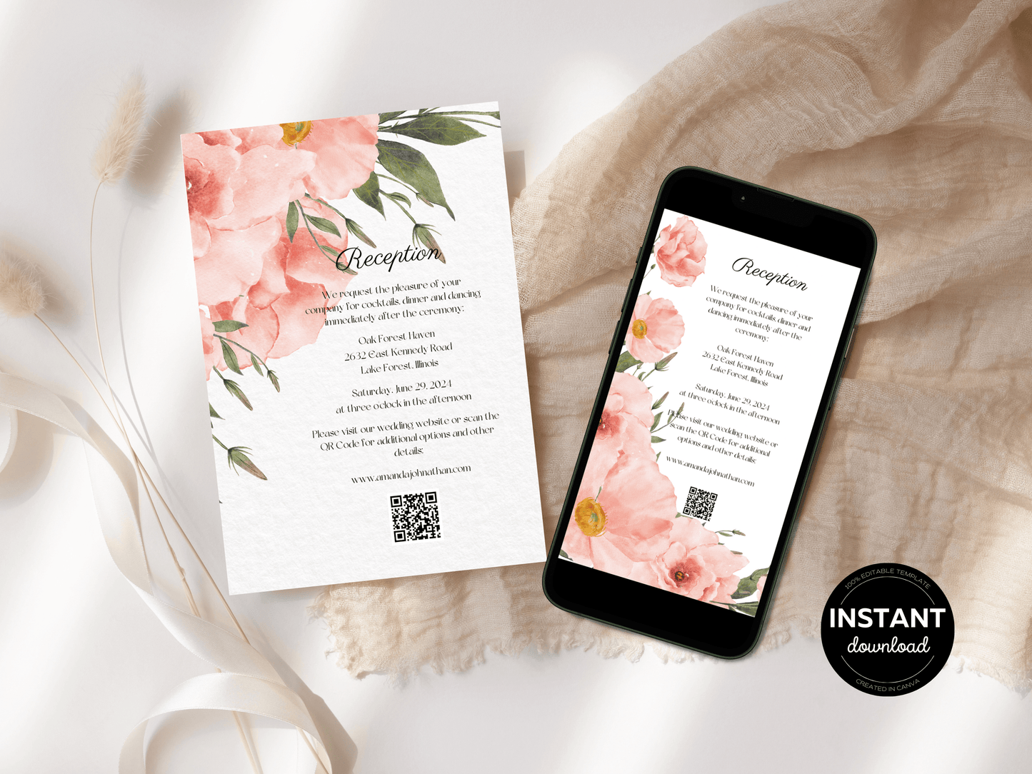 Soft Pink Floral Wedding Reception Invitation Templates, Printable & Digital Templates