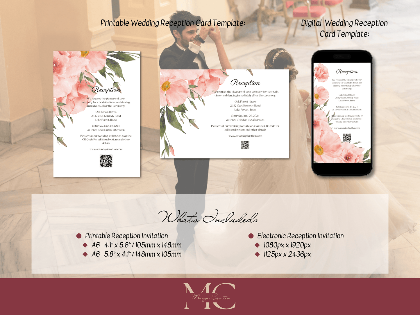 Soft Pink Floral Wedding Reception Invitation Templates, Printable & Digital Templates