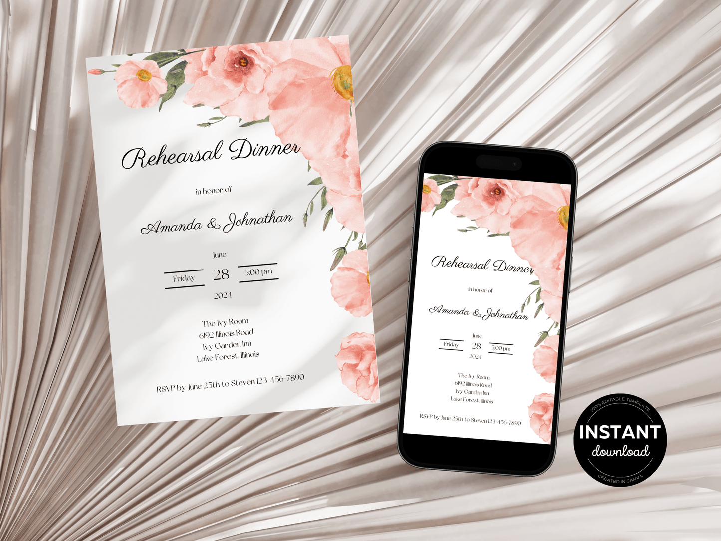 Soft Pink Floral Wedding Rehearsal Dinner Invitation Templates, Printable & Digital Templates