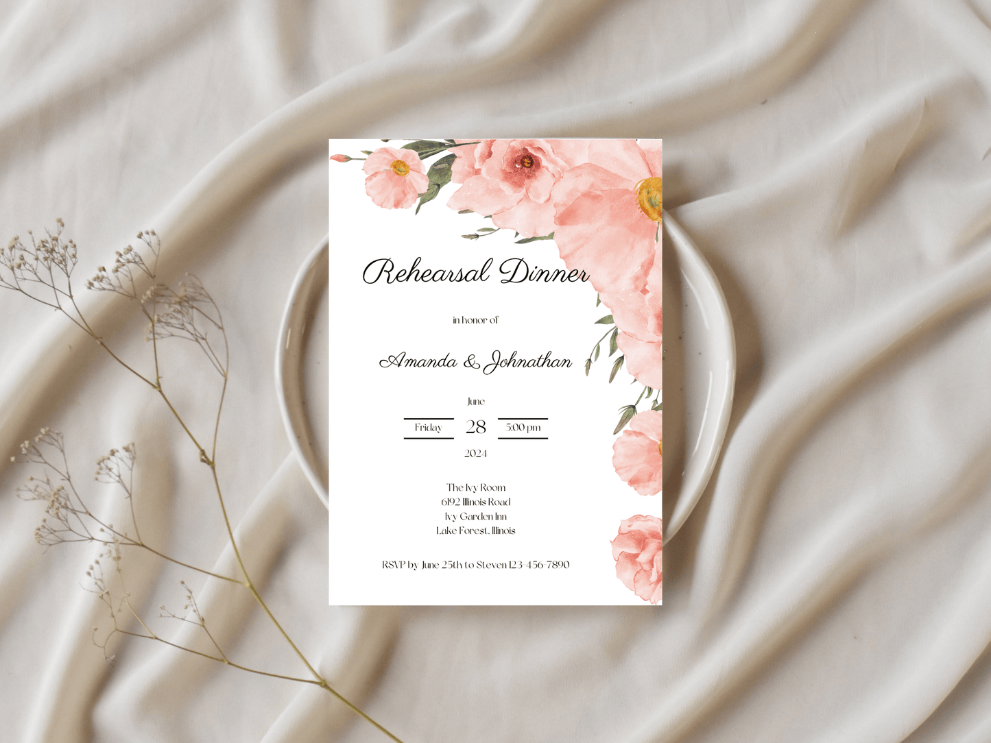 Soft Pink Floral Wedding Rehearsal Dinner Invitation Templates, Printable & Digital Templates