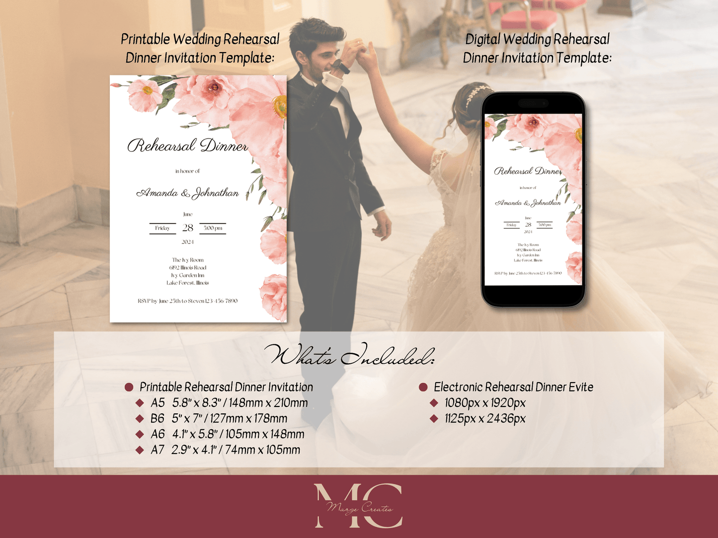 Soft Pink Floral Wedding Rehearsal Dinner Invitation Templates, Printable & Digital Templates