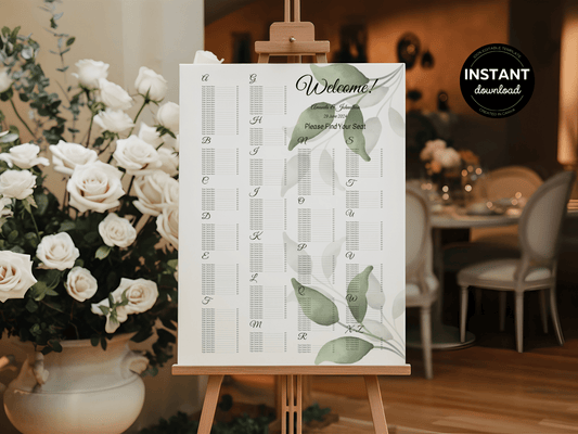 Watercolor Greenery Leaves Wedding Alphabetical Seating Chart Templates, Printable Templates