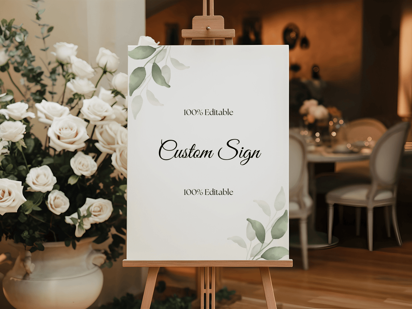 Watercolor Greenery Leaves 7Pc Wedding Reception Bundle with Seating Chart Card, Printable Templates