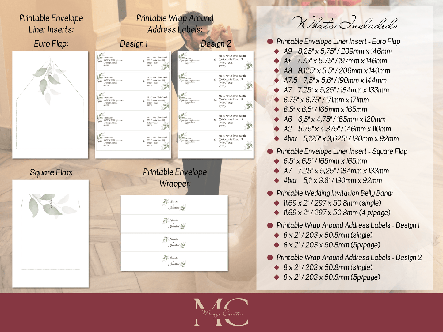 Watercolor Greenery Leaves Wedding Envelope Decoration Template Bundle, Envelope Design 2 (WA), Printable Templates