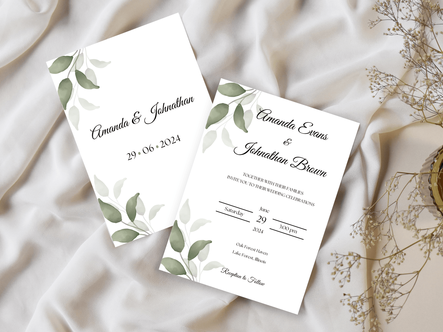 Watercolor Greenery Leaves Wedding Invitation Templates, Printable & Digital Templates