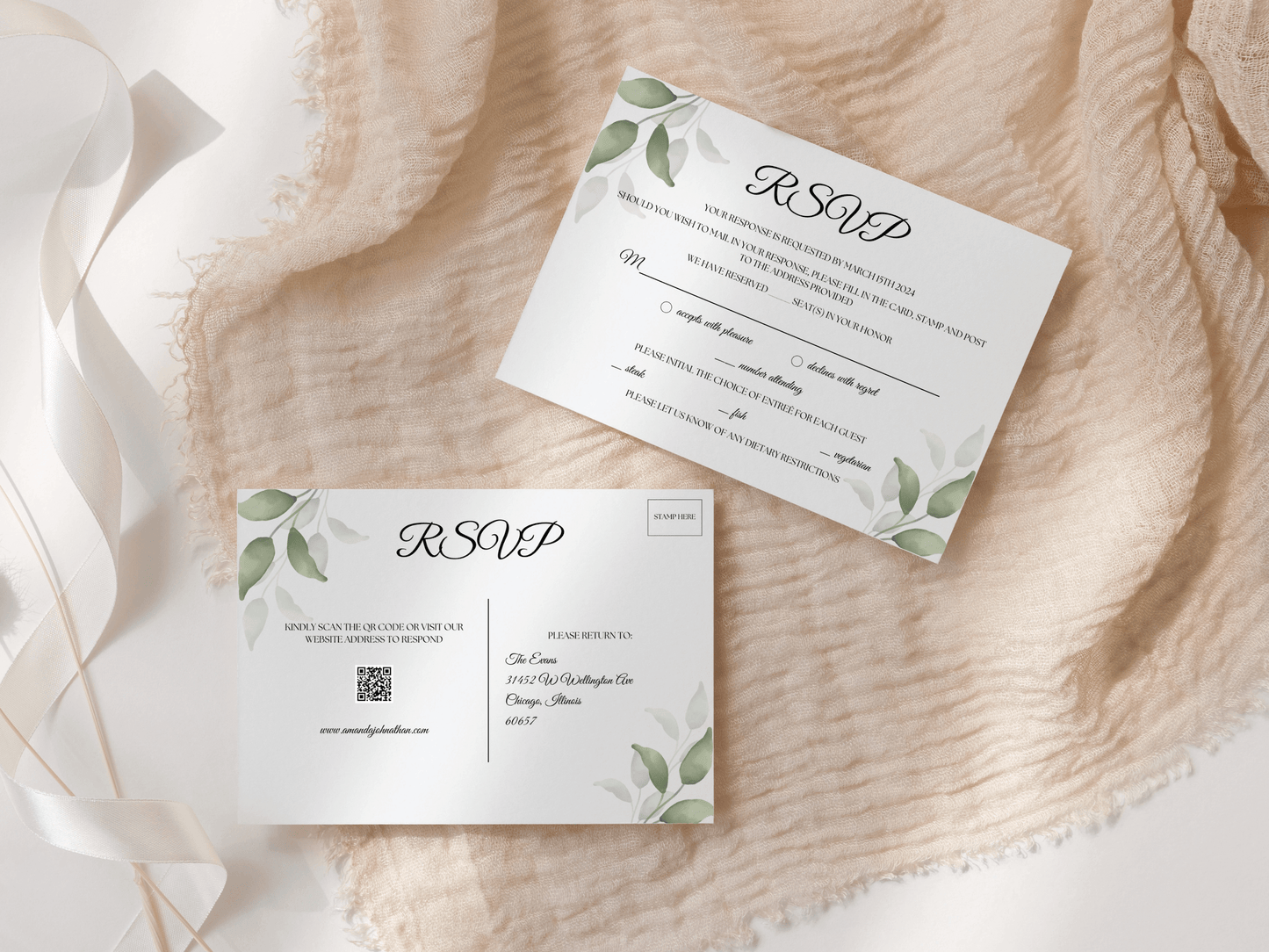 Watercolor Greenery Leaves Wedding Invitation Suite with Envelope Decoration Templates, Envelope Design 1 (2Pc), Printable Templates