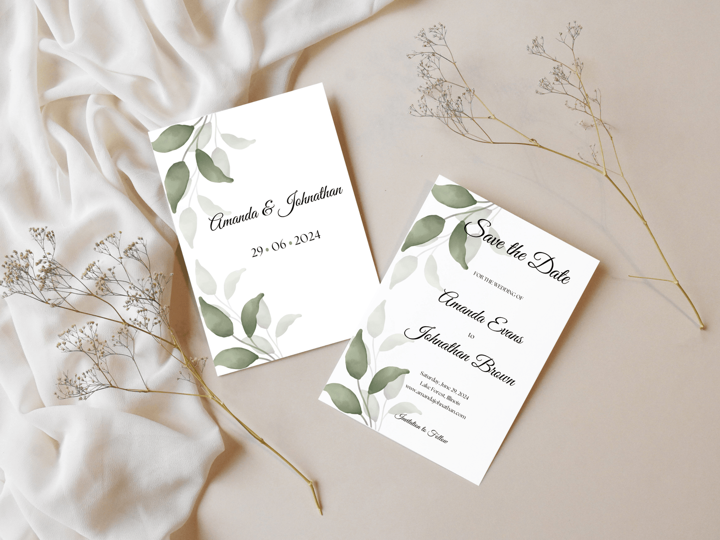 Watercolor Greenery Leaves Save the Date Templates, Printable & Digital Templates