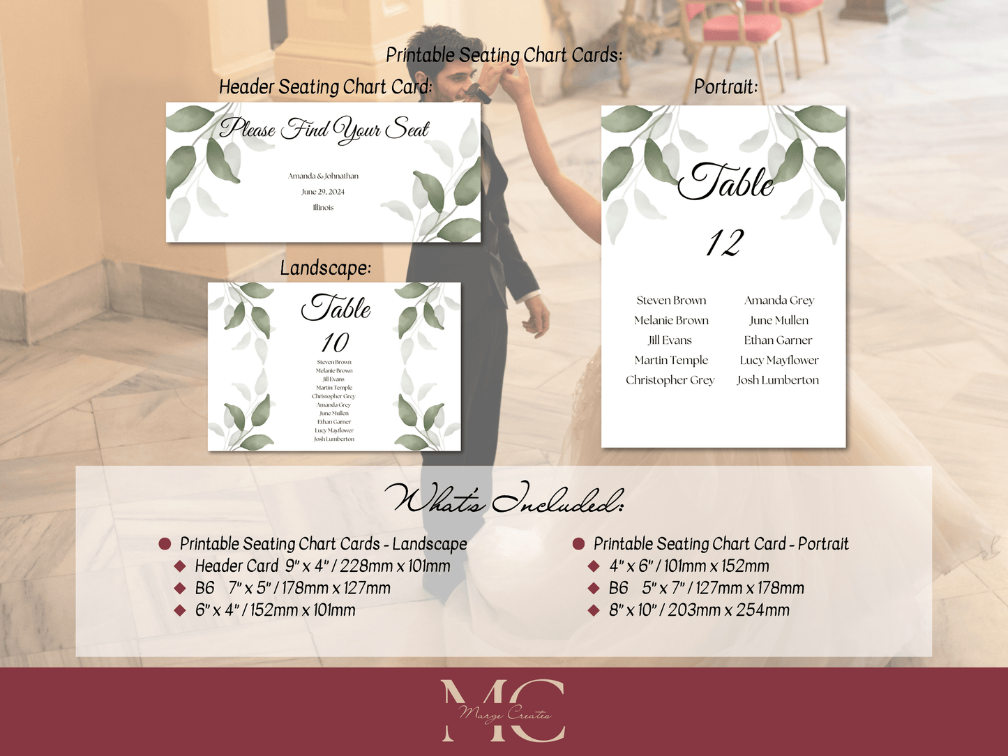 Watercolor Greenery Leaves Wedding Seating Chart Card Templates, Printable Templates