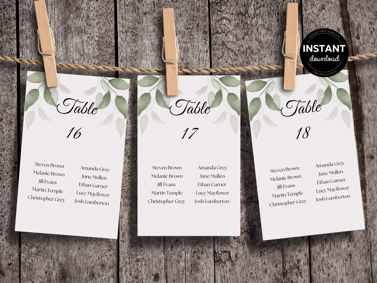 Watercolor Greenery Leaves Wedding Seating Template Bundle with Seating Chart Card, Printable Templates