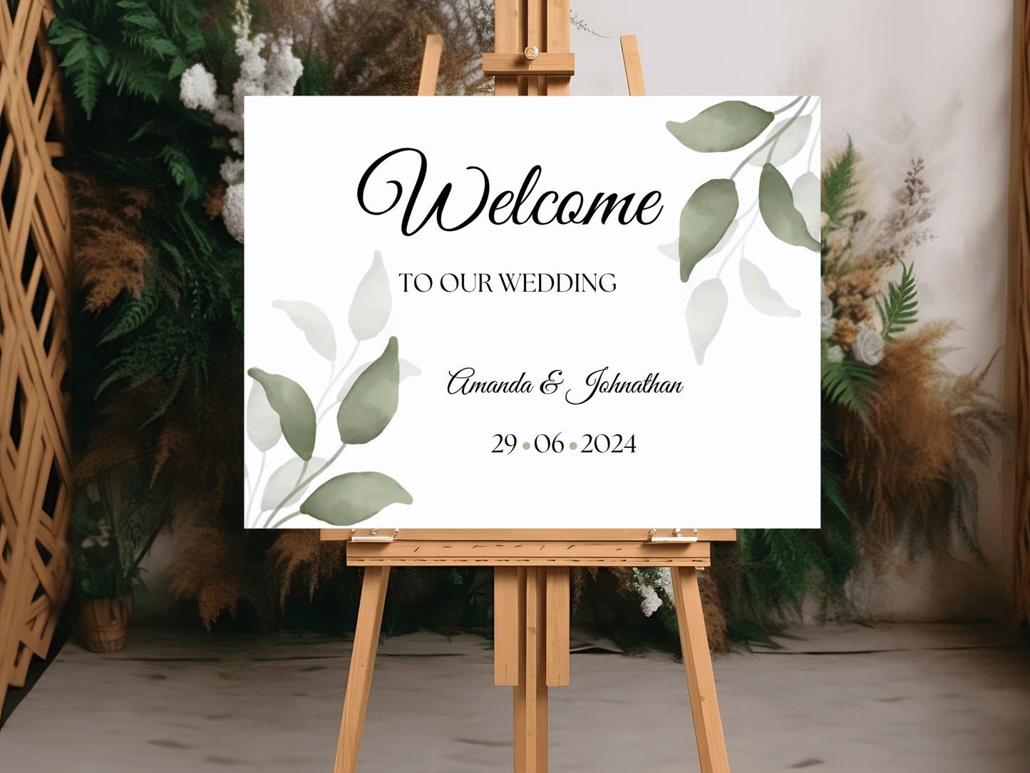 Watercolor Greenery Leaves Wedding Welcome Sign Templates, Printable Templates