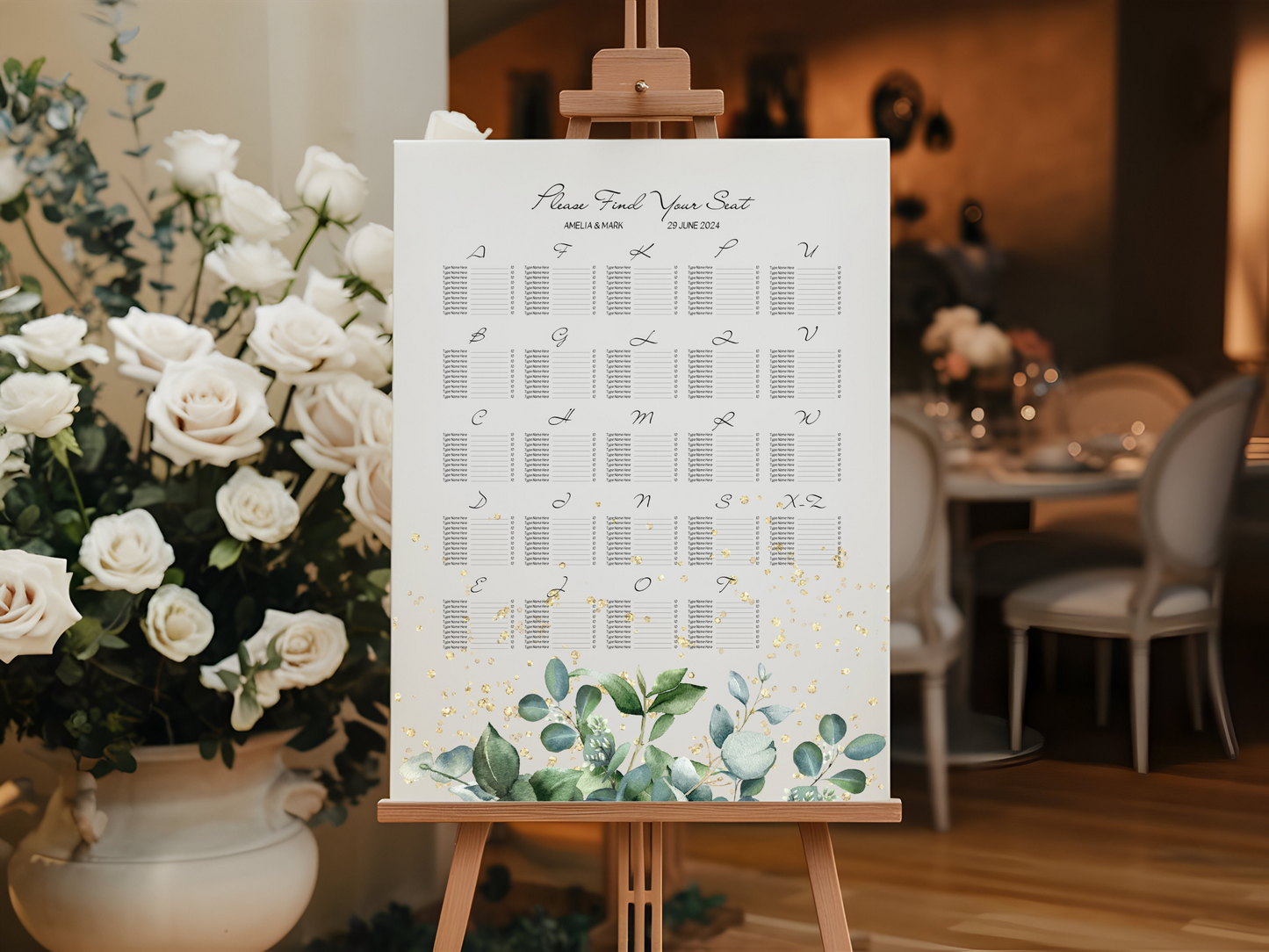 Eucalyptus & Gold 7Pc Wedding Reception Bundle with Alphabetical Seating Chart, Printable Templates