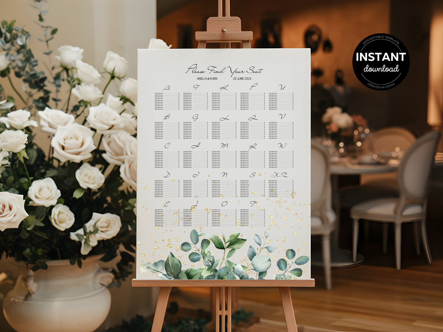 Eucalyptus & Gold Wedding Seating Template Bundle with Alphabetical Seating Chart, Printable Templates