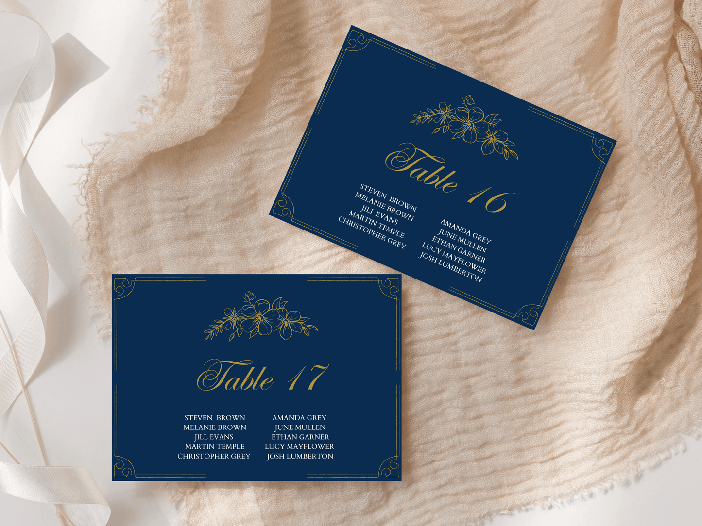 Elegant Blue and Gold Wedding Seating Chart Card Template, Printable Templates