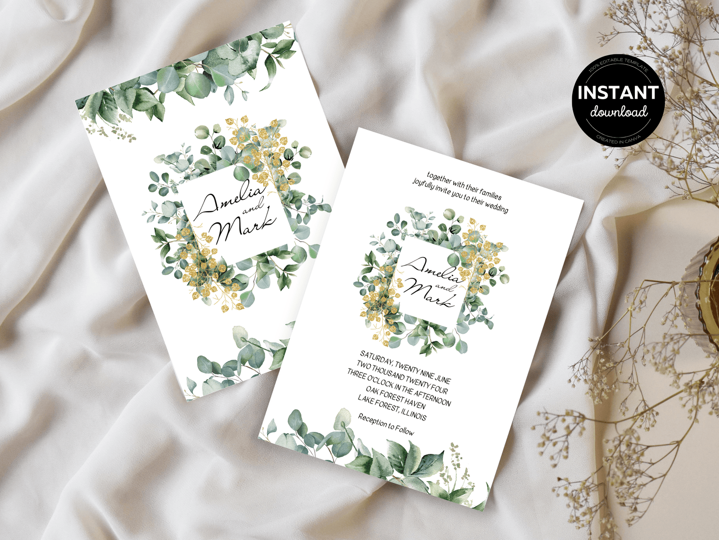 Eucalyptus & Gold Wedding Invitation & Insert Card Templates Bundle, Printable Templates