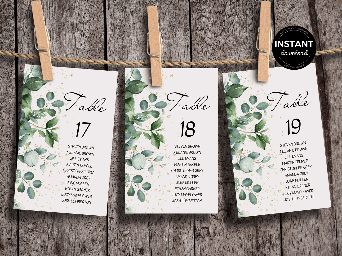 Eucalyptus & Gold Wedding Seating Chart Card Templates, Printable Templates