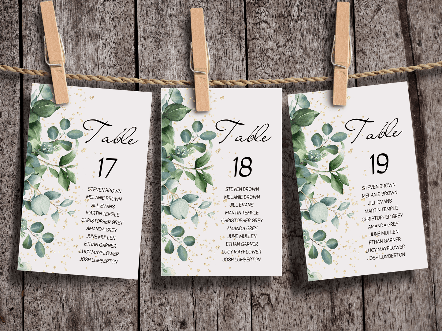 Eucalyptus & Gold 7Pc Wedding Reception Bundle with Seating Chart Card, Printable Templates