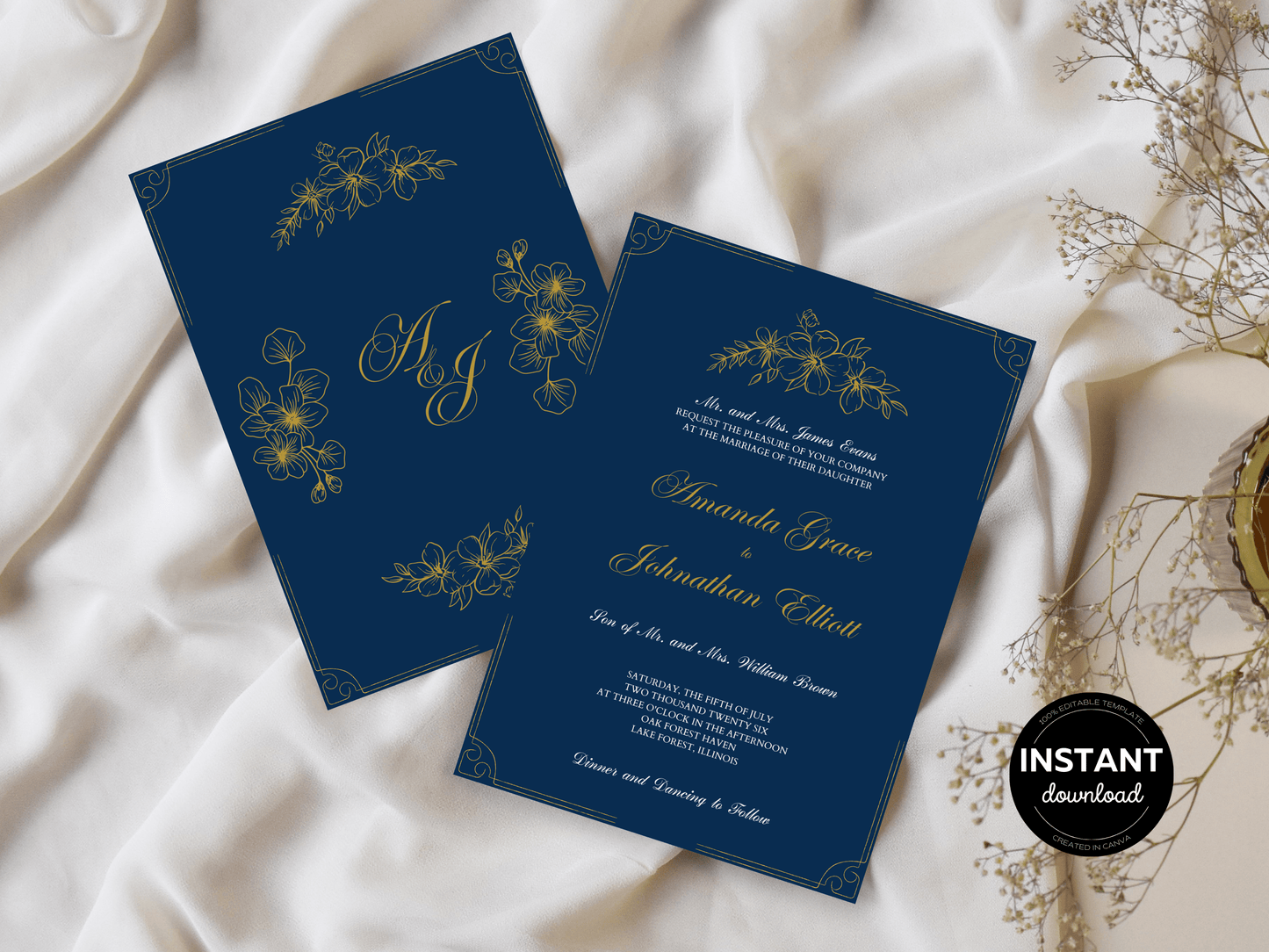 Elegant Blue and Gold Wedding Invitation & Insert Cards Template Bundle, Printable Templates