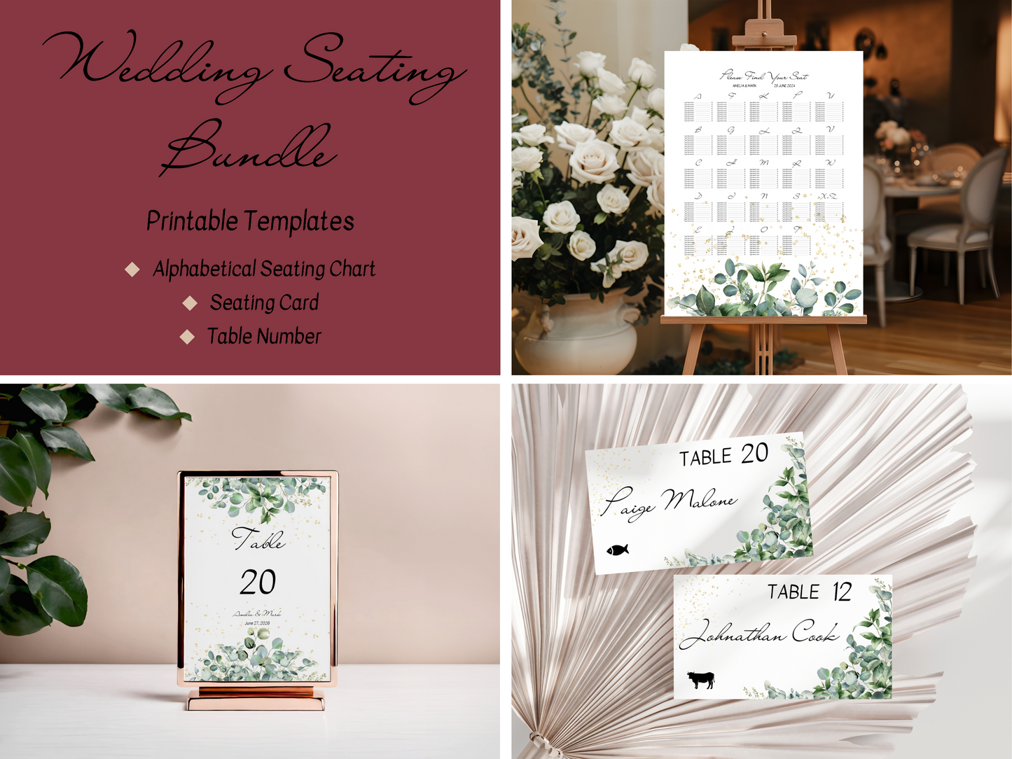 Eucalyptus & Gold Wedding Seating Template Bundle with Alphabetical Seating Chart, Printable Templates