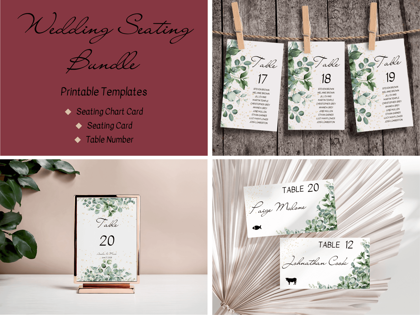 Eucalyptus & Gold Wedding Seating Template Bundle with Seating Chart Card, Printable Templates