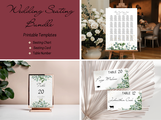 Eucalyptus & Gold Wedding Seating Template Bundle with Seating Chart, Printable Templates