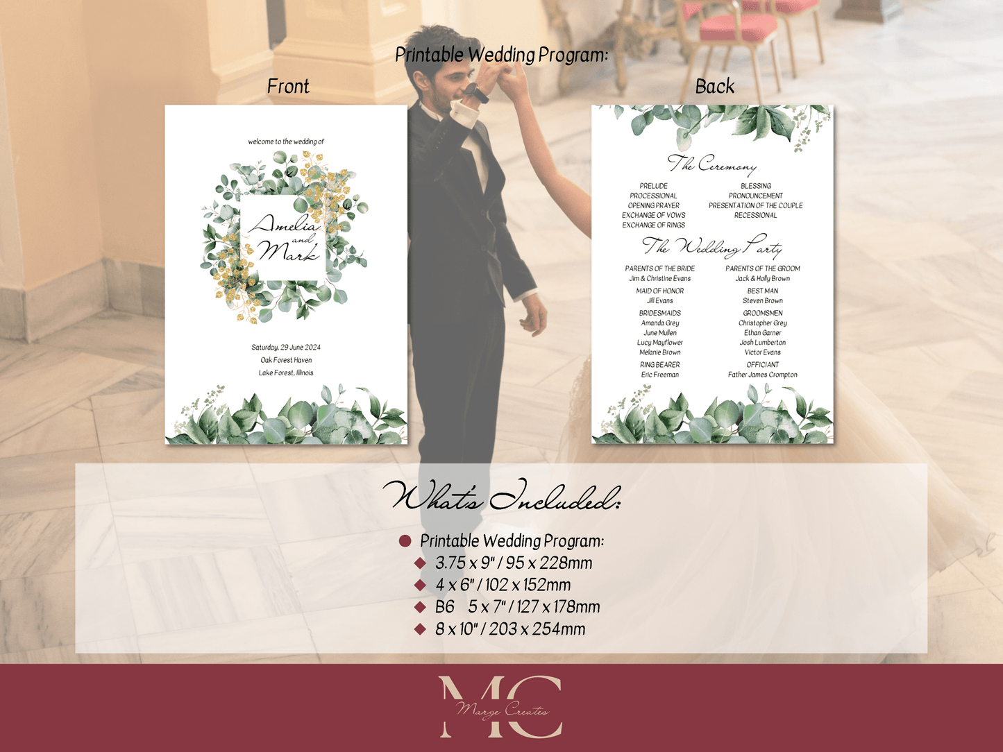 Eucalyptus & Gold Wedding Program Templates, Printable Templates