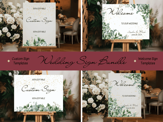 Eucalyptus & Gold Wedding Sign Template Bundle, Printable Templates