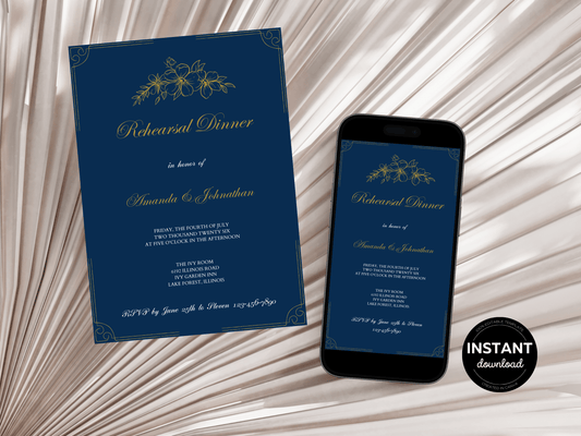 Elegant Blue and Gold Wedding Rehearsal Dinner Invitation Template, Printable & Digital Templates