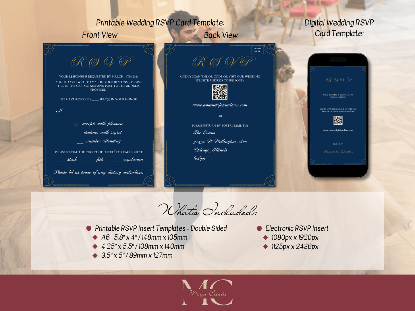 Elegant Blue and Gold Wedding RSVP Insert Template, Printable & Digital Templates