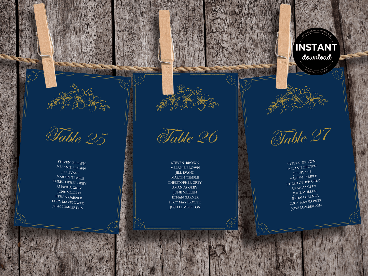 Elegant Blue & Gold Wedding Seating Template Bundle with Seating Chart Card, Design 3, Printable Templates