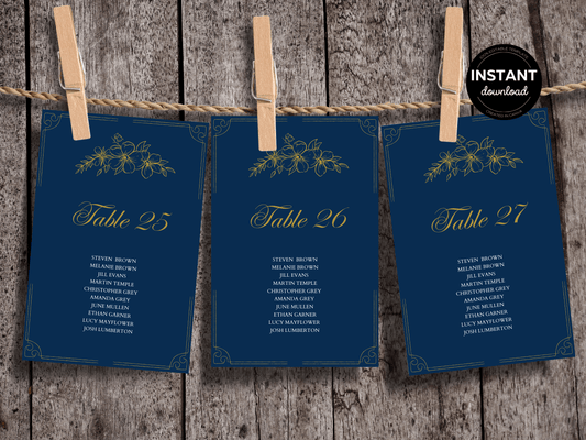 Elegant Blue and Gold Wedding Seating Chart Card Template, Printable Templates