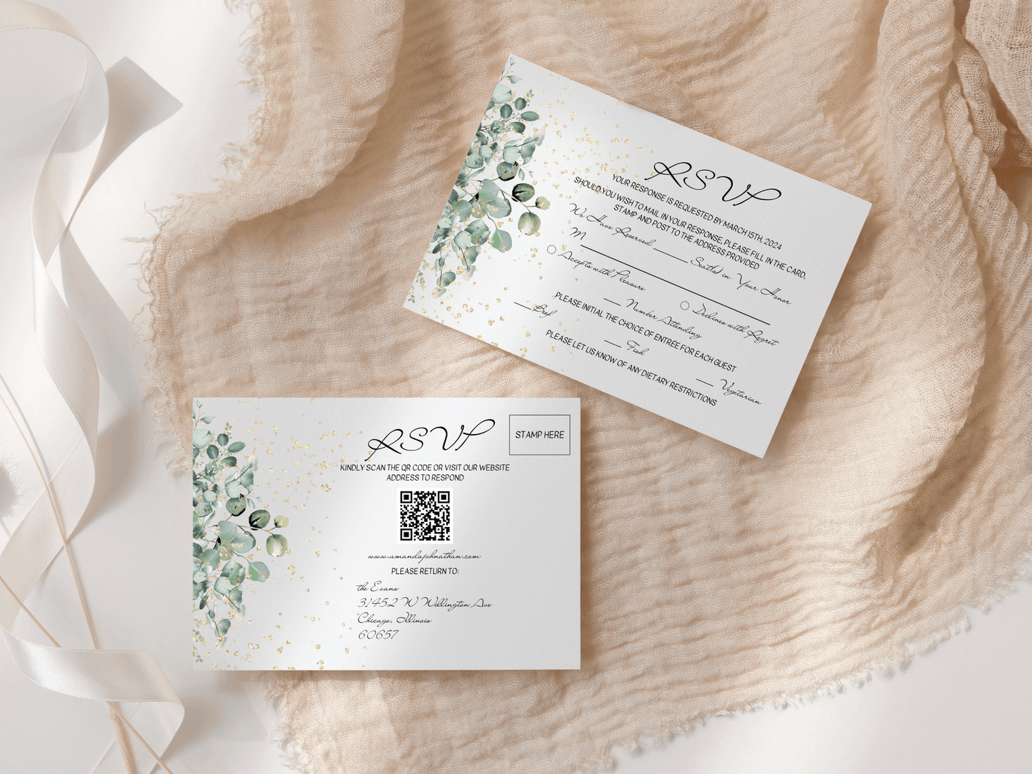 Eucalyptus & Gold Wedding Invitation & Insert Card Templates Bundle, Printable Templates