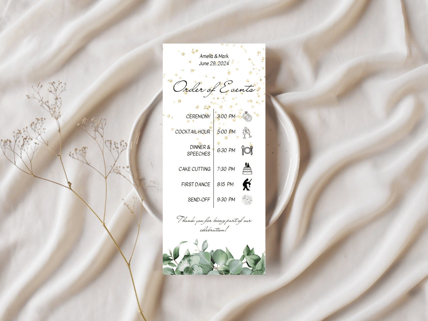 Eucalyptus & Gold Wedding Order of Event Templates, Printable Templates