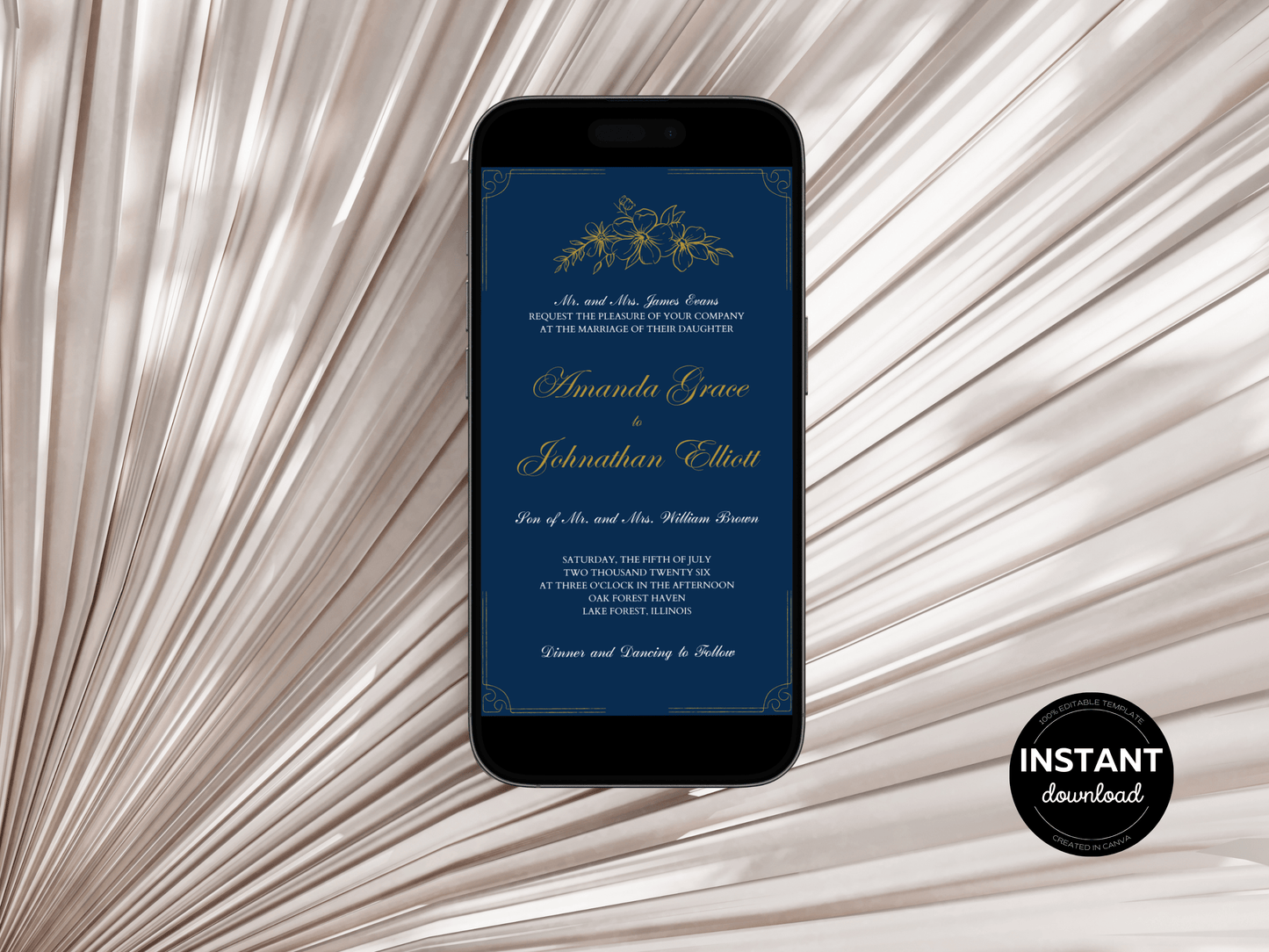 Elegant Blue and Gold Wedding Evite & Insert Cards Template Bundle, Digital Templates